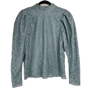 WAYF Lace Top Size Large Blue Floral Puff Sleeve Coquette Casual Office